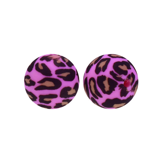 12/15mm Pink Leopard Print Round Silicone Beads R#109