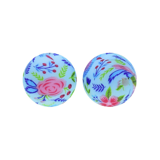 12/15mm Peony Print Round Silicone Beads R#116