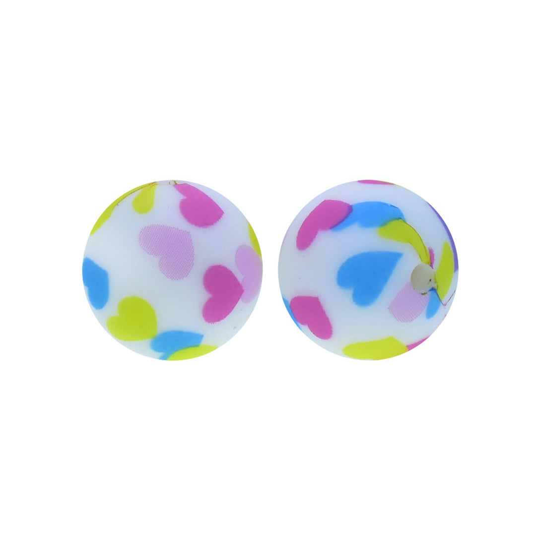 12/15mm Colorful Heart Print Round Silicone Beads R#118