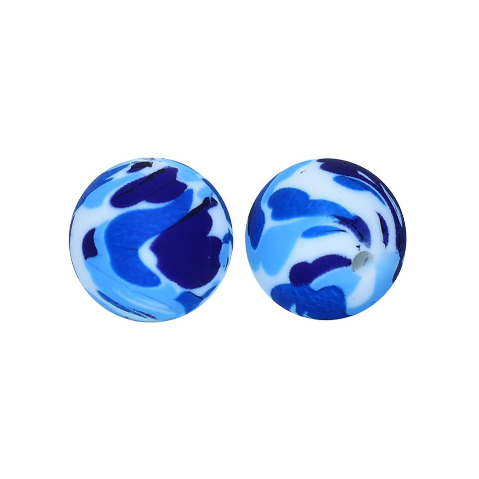 12/15mm Blue Camo Print Round Silicone Beads R#12