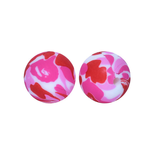 12/15mm Red Camo Print Round Silicone Beads R#13