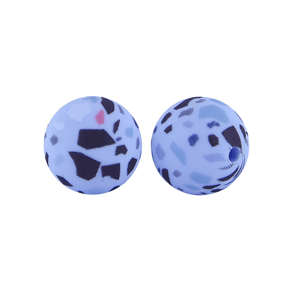 12/15mm Blue Terrazzo Print Round Silicone Beads R#22