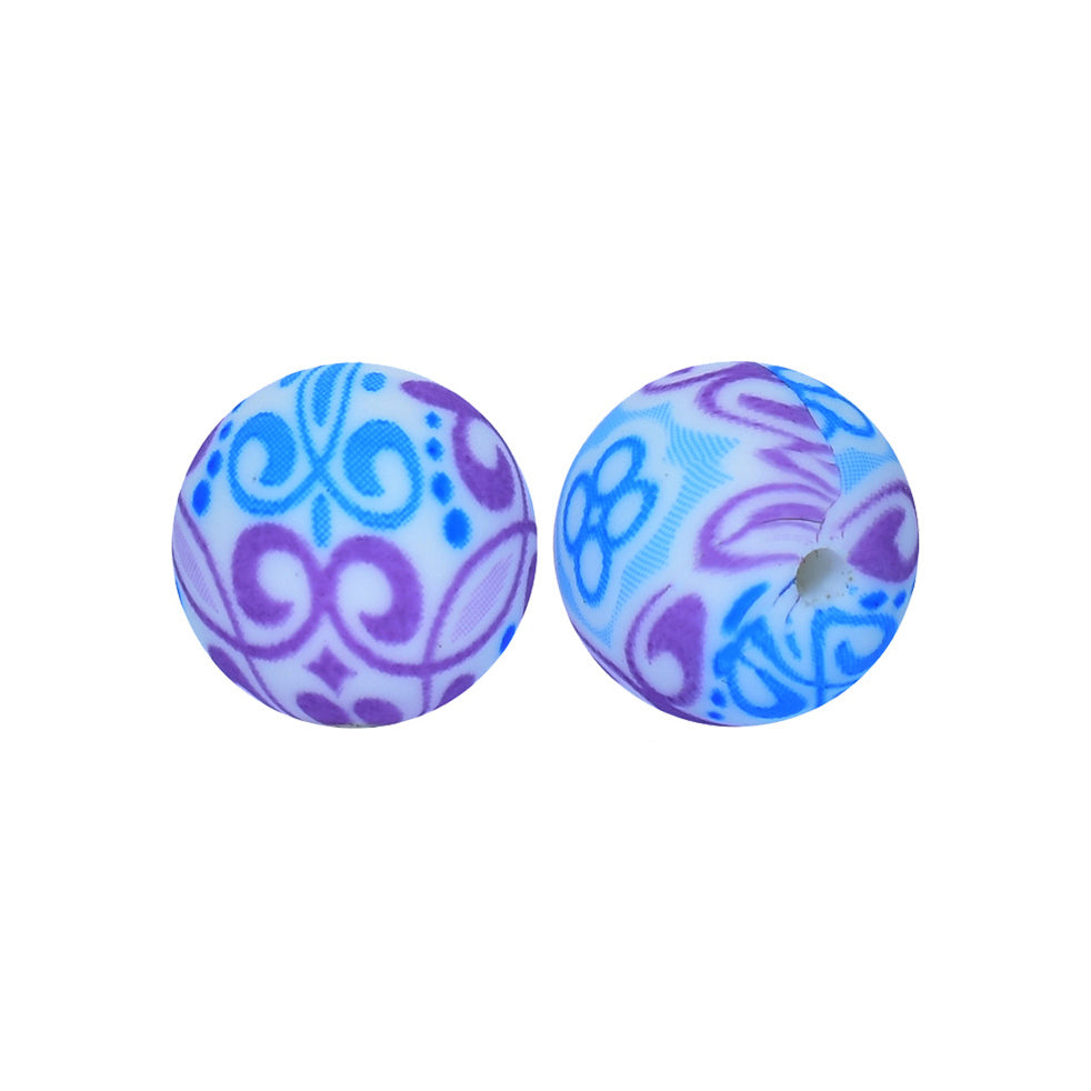 12/15mm Opera Print Round Silicone Beads R#35