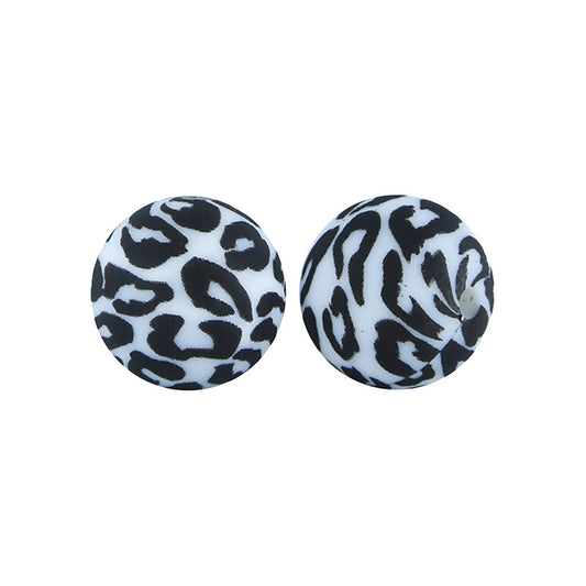 12/15mm Black Leopard Print Round Silicone Beads R#03