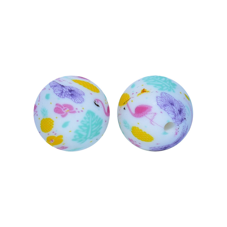 12/15mm Flamingo Print Round Silicone Beads R#45