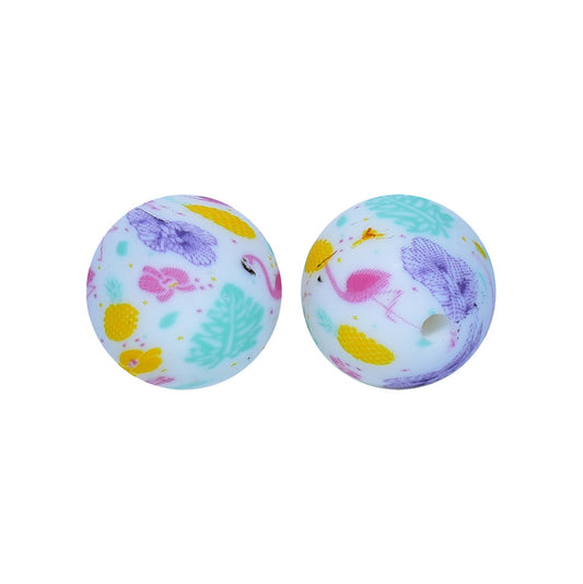 12/15mm Flamingo Print Round Silicone Beads R#45