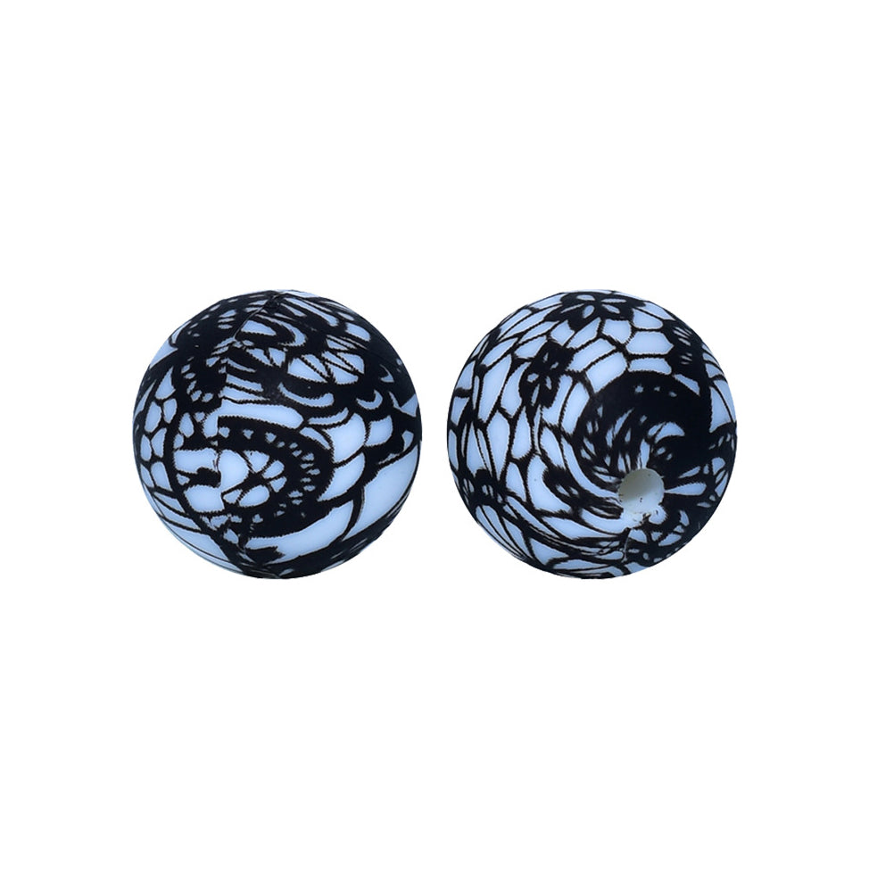 12/15mm Lace Print Round Silicone Beads R#46