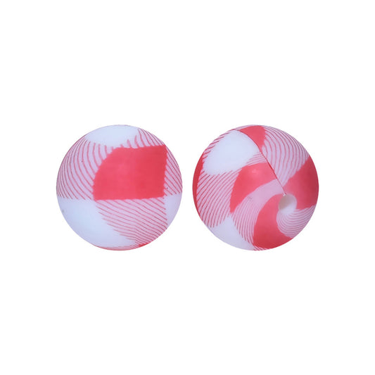 12/15mm Red White Plaid Print Round Silicone Beads R#52