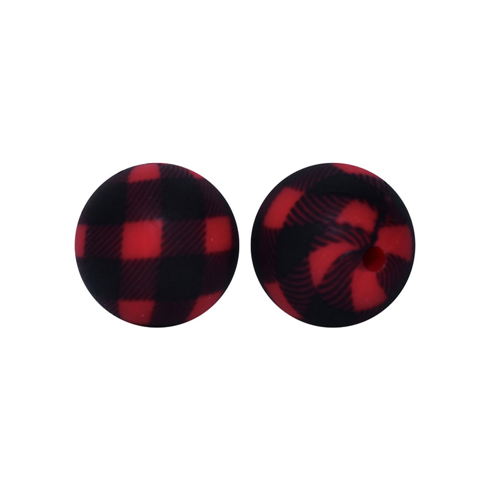 12/15mm Red Black Plaid Print Round Silicone Beads R#53