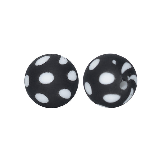 12/15mm Black Dot Print Round Silicone Beads R#56