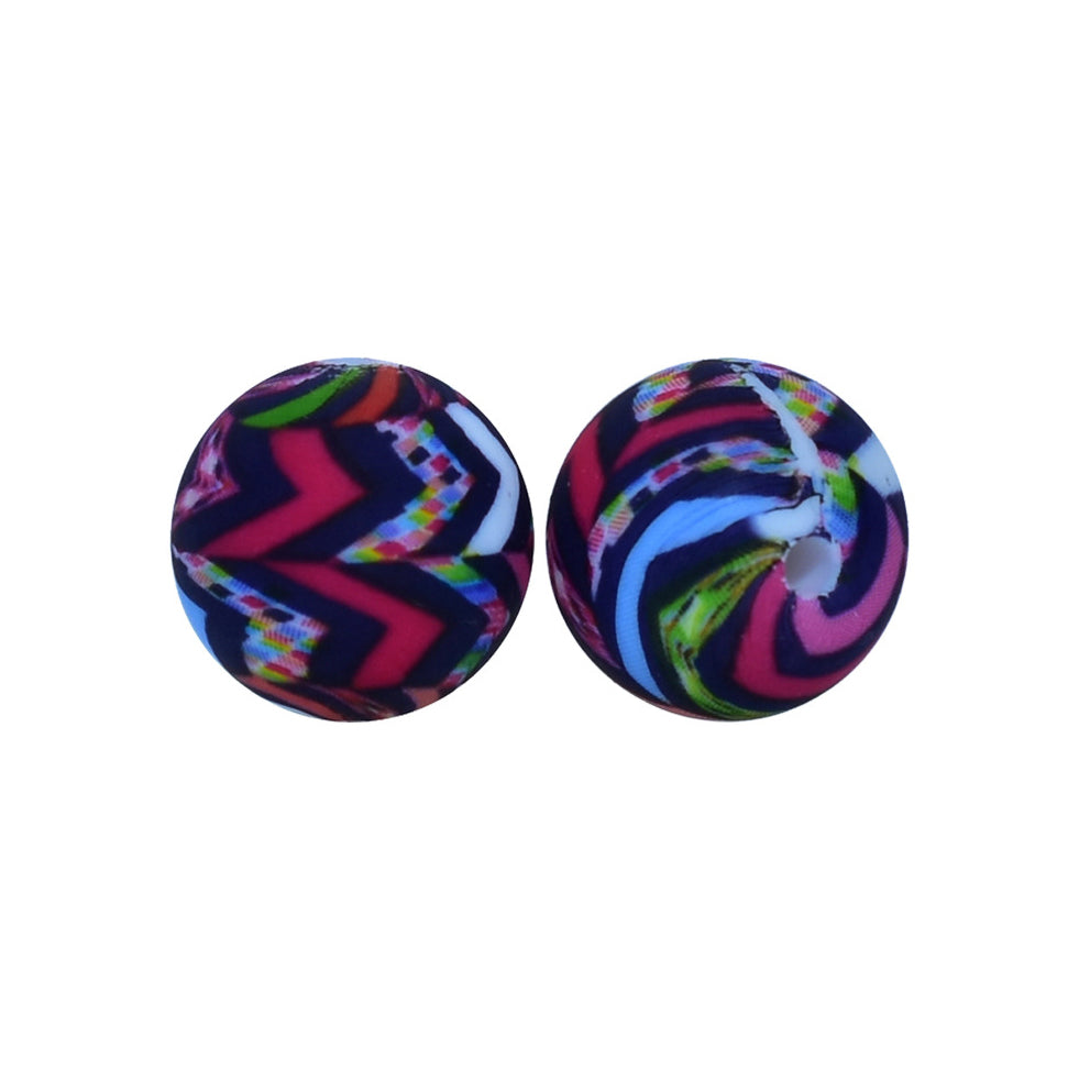 12/15mm Black Wave Print Round Silicone Beads R#72