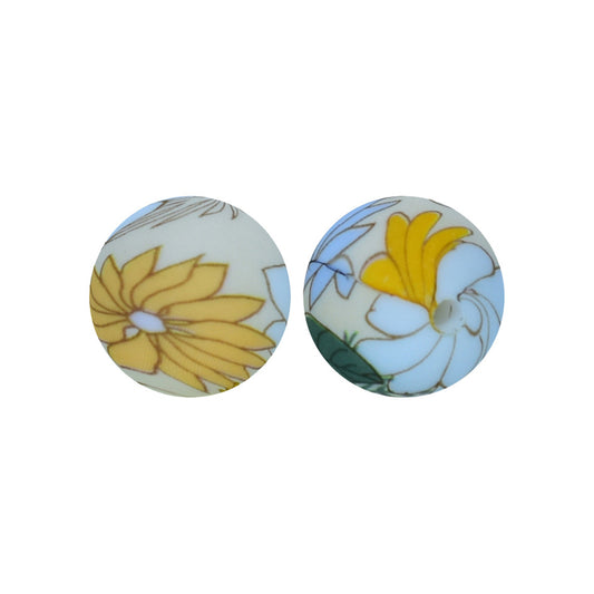 12/15mm Chrysanthemum Print Round Silicone Beads R#75