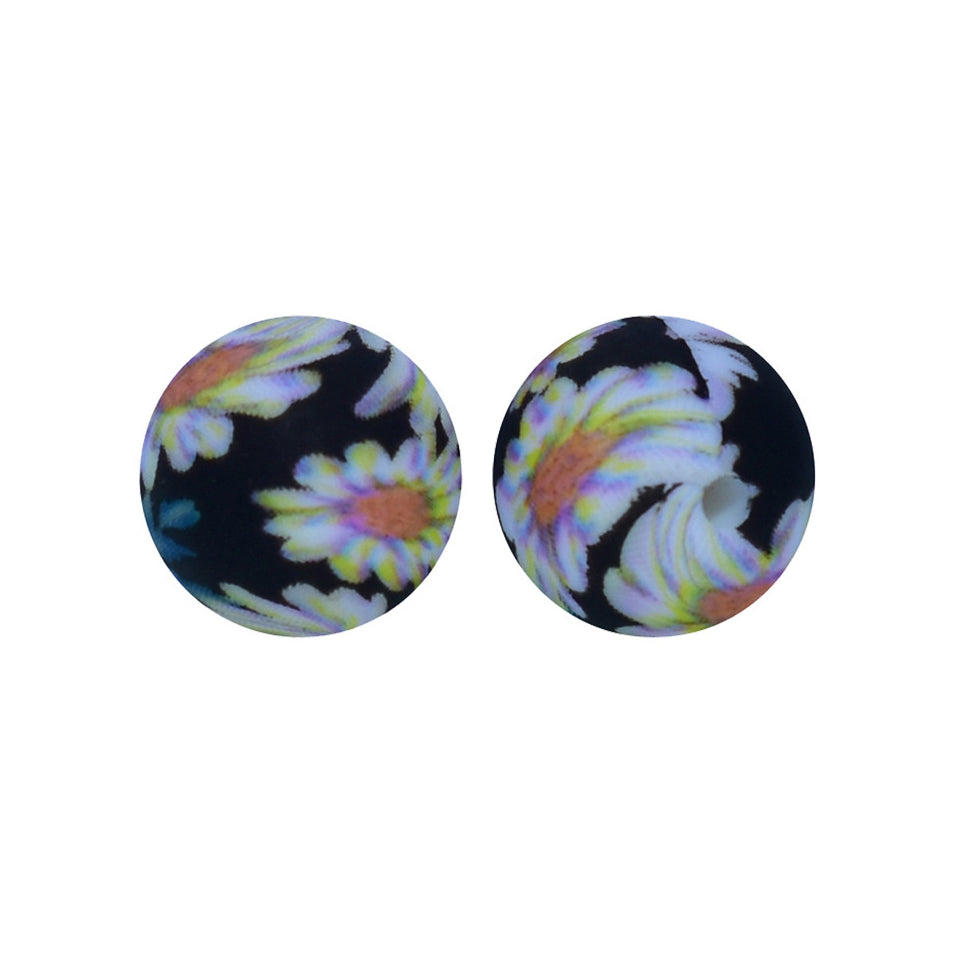 12/15mm Daisy Print Round Silicone Beads R#81