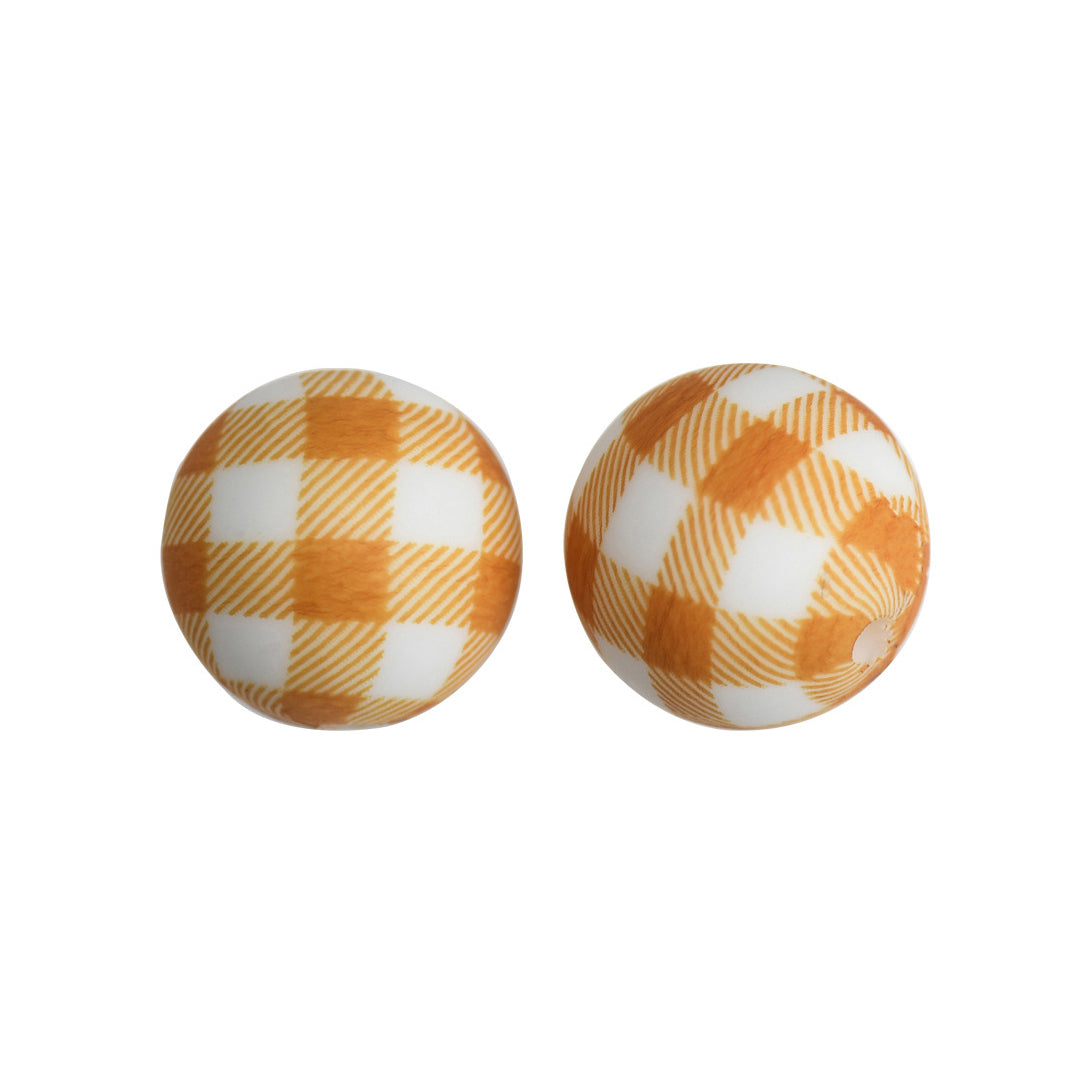 15mm Orange White Plaid Print Round Silicone Beads ZR#108