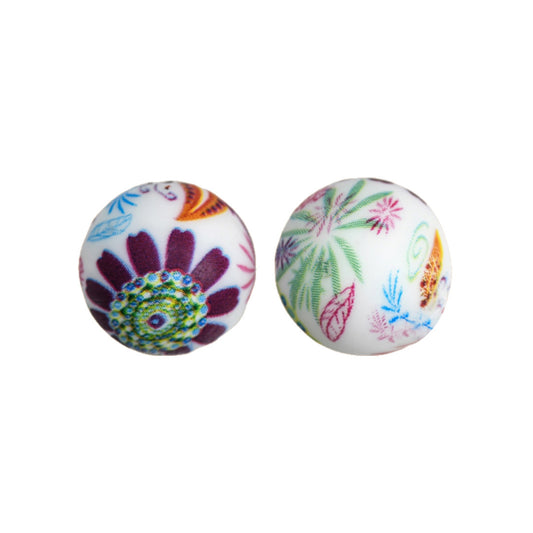 15mm Boho Flower Print Round Silicone Beads ZR#110