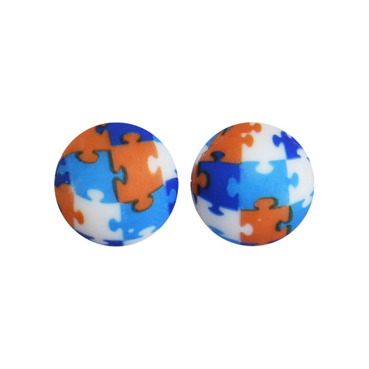 15mm Puzzle Print Round Silicone Beads ZR#119