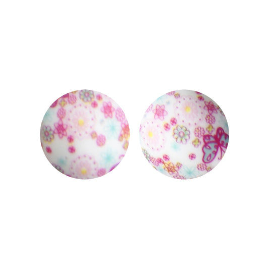 15mm Butterfly Flower Print Round Silicone Beads ZR#121