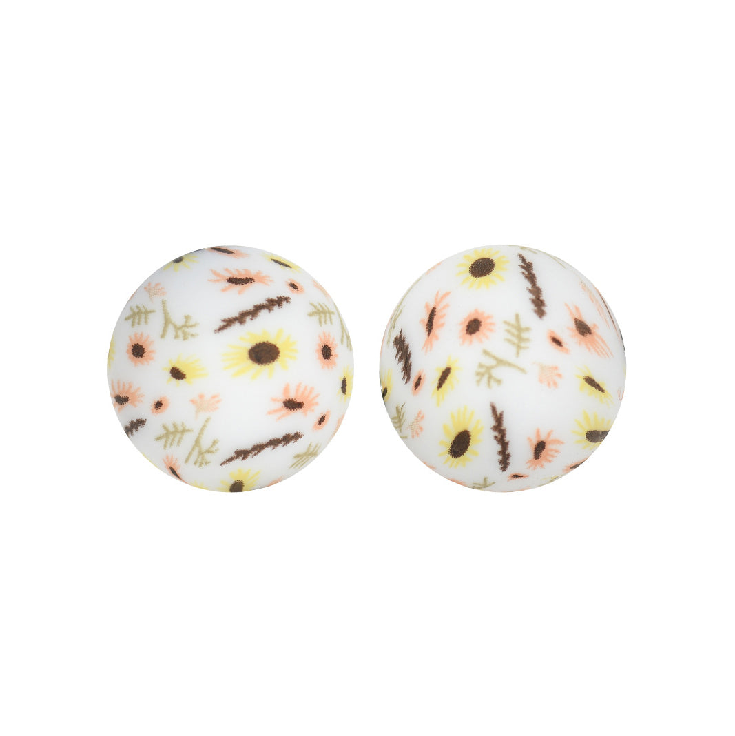 15mm Mini Sunflower Print Round Silicone Beads ZR#122