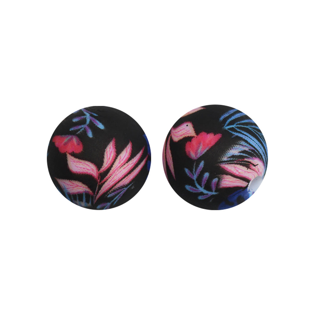 15mm Blue Monstera Print Round Silicone Beads ZR#149