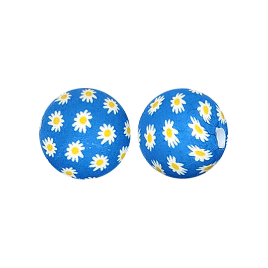 15mm Blue Daisy Print Round Silicone Beads ZR#172