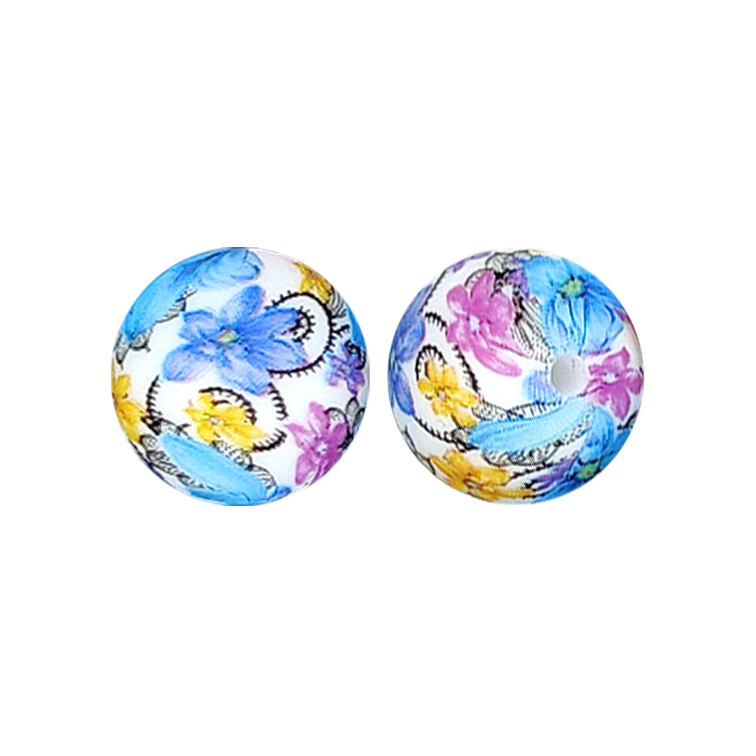 15mm Blue Lotus Print Round Silicone Beads ZR#173