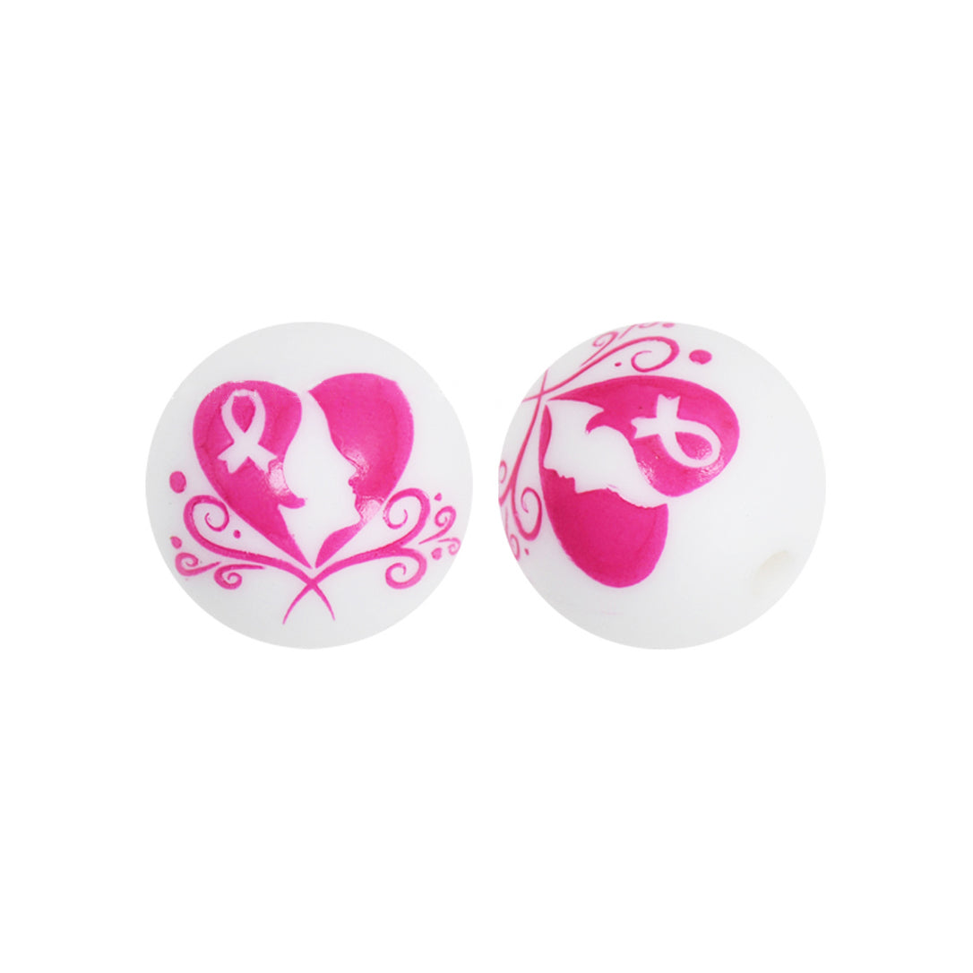 15mm Pink Ribbon Print Round Silicone Beads ZR#186