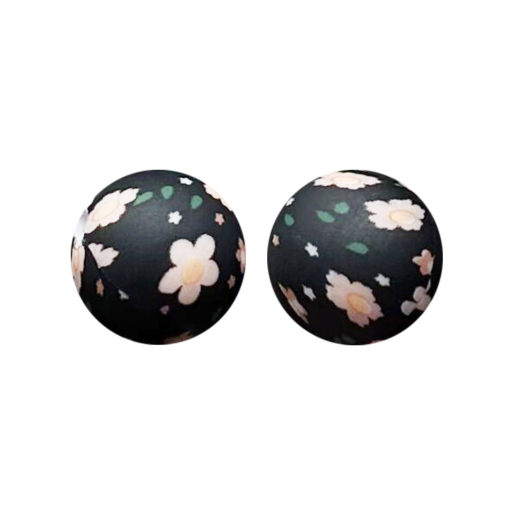 15mm Black Calliopsis Print Round Silicone Beads ZR#200