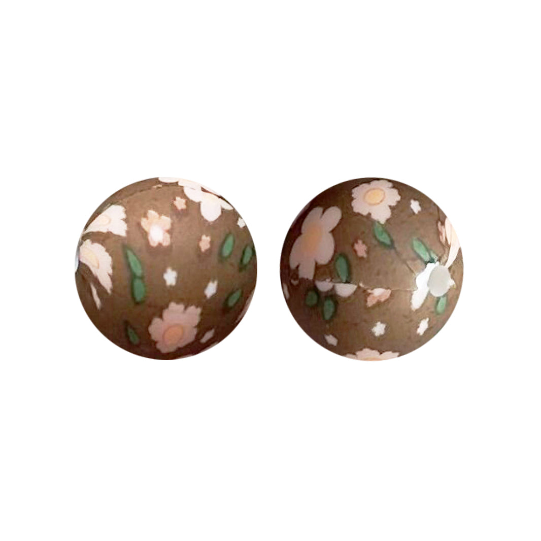 15mm Brown Calliopsis Print Round Silicone Beads ZR#201