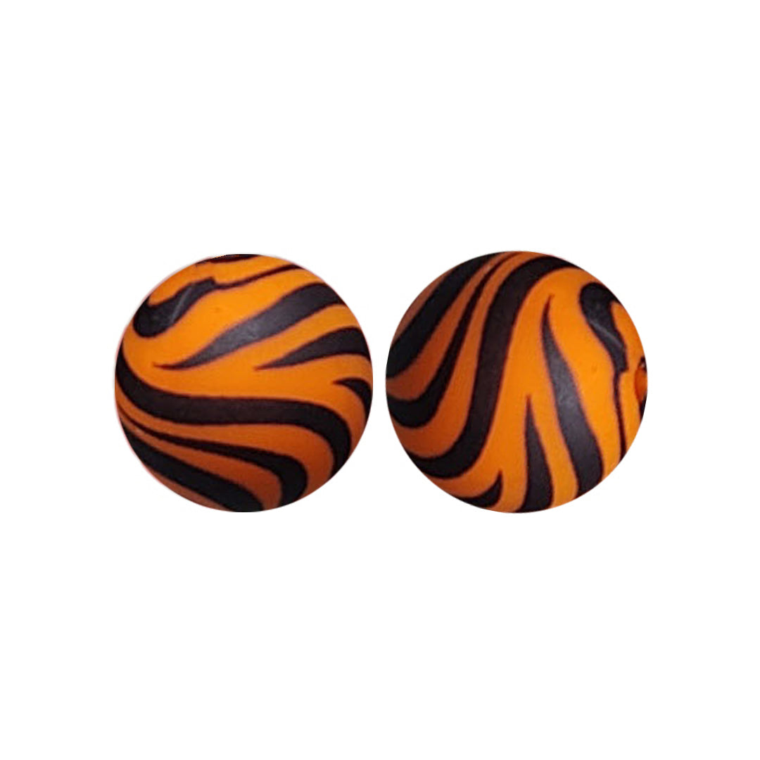 15mm Orange Tiger Print Round Silicone Beads ZR#28