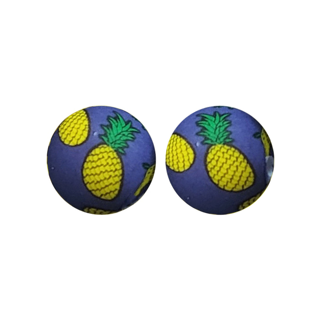 15mm Blue Pineapple Print Round Silicone Beads ZR#32