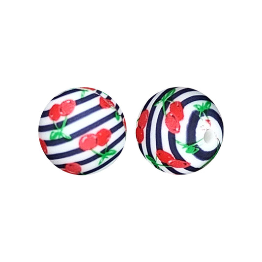 15mm Cherry Stripe Print Round Silicone Beads ZR#40