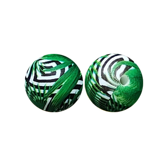 15mm Banana Leaf Print Round Silicone Beads ZR#69