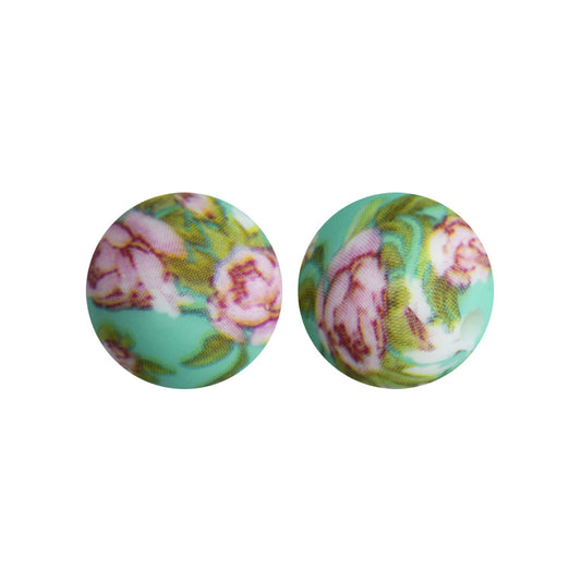 15mm Green Flower Print Round Silicone Beads ZR#88