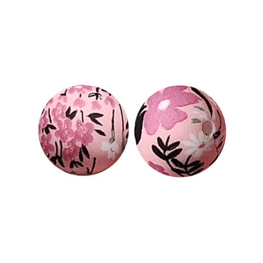 15mm RosePink Flower Print Round Silicone Beads ZR#91